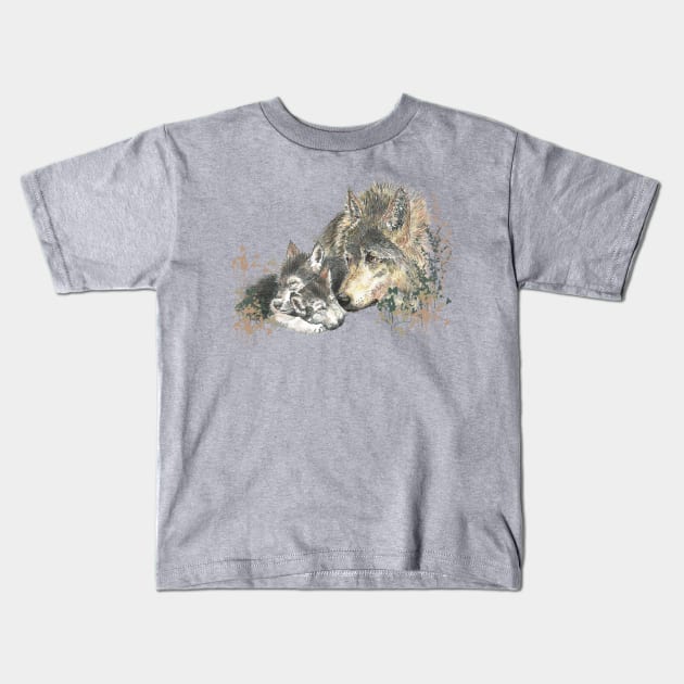 Watercolor Wolf Parent & Cub Animal Art Kids T-Shirt by Country Mouse Studio